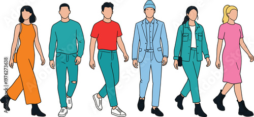 Diverse group of people walking in casual and professional clothing, modern street fashion vector illustration collection, inclusive community set