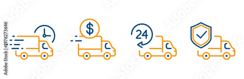 delivery truck icon set, fast logistics, cost shipping, 24 hour transportation, guaranteed safe delivery, thin outline editable stroke