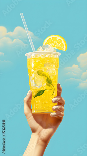 Hand holding a plastic cup of lemonade with ice and mint against a blue sky. Refreshing summer drink with lemon garnish. Vertical illustration of cold citrus beverage. Copy space for text