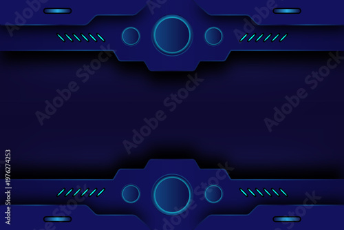 Futuristic blue technology interface background with glowing circular elements and symmetrical sci fi panel design, featuring neon accents, ideal for digital UI, gaming overlay and tech presentation.