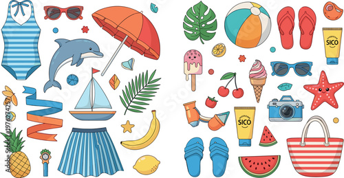 Summer Beach Icons Set with Swimwear, Dolphin, Ice Cream, Fruits, Camera, Flip Flops, and Vacation Accessories for Travel and Holiday Design
