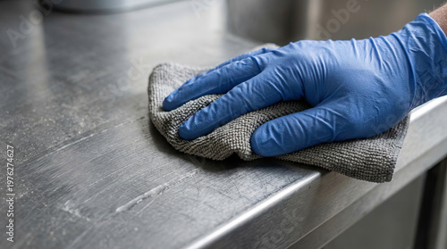 Wallpaper Mural Close up of hand in blue glove cleaning and wiping stainless steel surface in kitchen. Diligent work focused on hygiene, sanitizing, and disinfecting for safety Torontodigital.ca