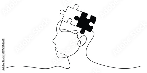 Minimalist Continuous Line Drawing of Human Head with Puzzle Piece