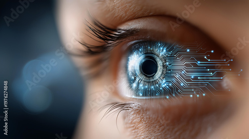 Eye with circuit board technology overlay, AI and digital transformation concept, human eye meets artificial intelligence, futuristic tech close-up, with copy space