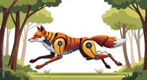 A robotic fox with orange and yellow metallic limbs runs through a forest with trees and green grass