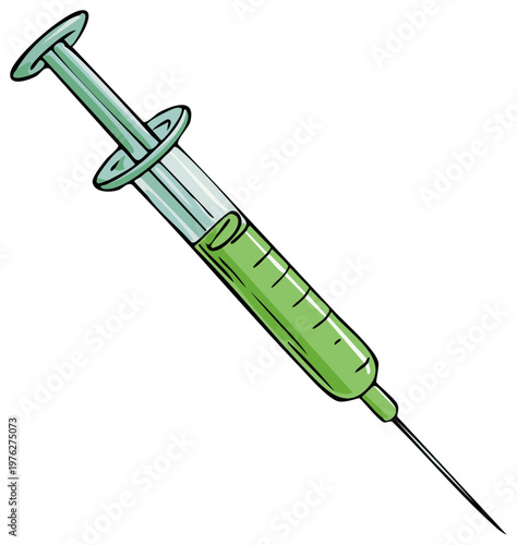 Cartoon illustration of a medical syringe with green liquid for a vaccine or injection