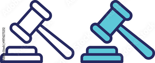 Contrasting judicial gavel icons in different colors on a plain background
