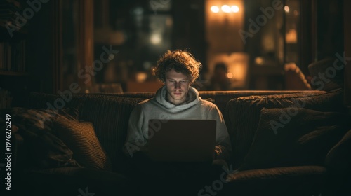 Wallpaper Mural Man Sitting on Couch at Night, Using Laptop Under Moody Lighting for Cozy and Introspective Atmosphere Torontodigital.ca