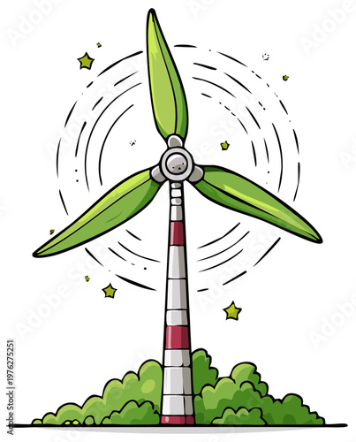 Cartoon wind turbine with green leaf blades generating renewable energy, eco-friendly illustration