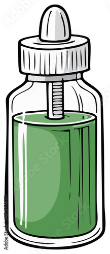 Illustrated Clear Glass Dropper Bottle with Vibrant Green Liquid and White Cap