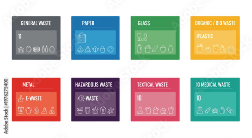 Recycling waste sorting labels set, 8 colorful waste management icons for general, paper, glass, organic, metal, hazardous, textile and medical trash disposal vector collection isolated PNG with