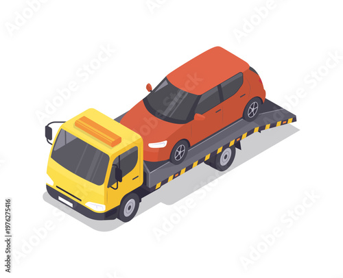 A tow truck transporting a car in an isometric view isolated. Vector illustration.