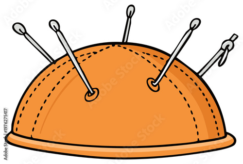 Cartoon illustration of a bright orange pincushion with stick pins and a safety pin.