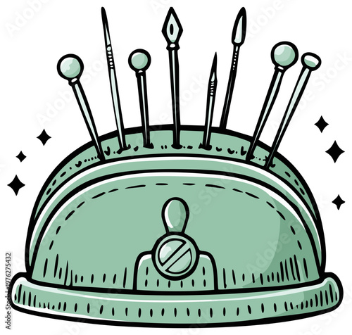 Sewing pincushion with assortment of sewing pins and needles collection