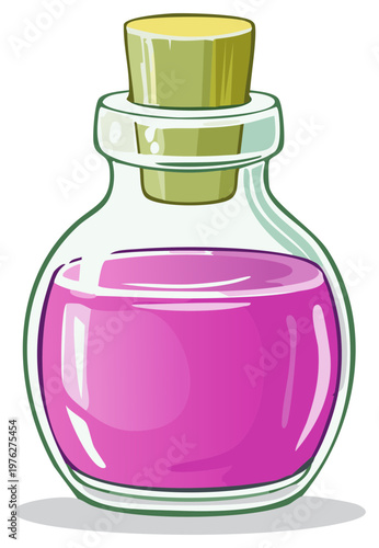 Cartoon potion bottle with cork and purple liquid, vector illustration.