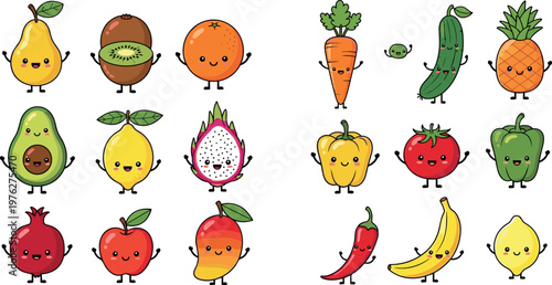 Adorable Cartoon Fruit and Vegetable Set Featuring Pears, Oranges, Avocados, Apples, and More for Kids' Food, Healthy Living, and Illustration Designs