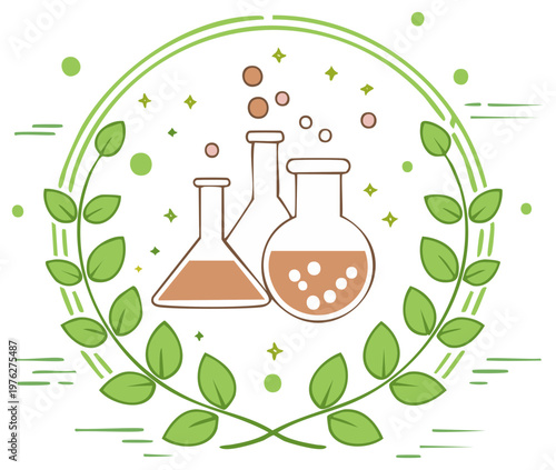 Botanical science graphic with beakers and plants in a delicate design for natural chemistry experiments or organic laboratory exploration.