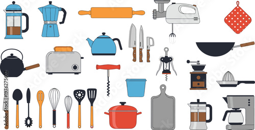 Kitchen Appliances and Cooking Utensils Collection with Coffee Makers, Knives, Pans, Mixer, and Bakeware for Culinary and Home Design Projects