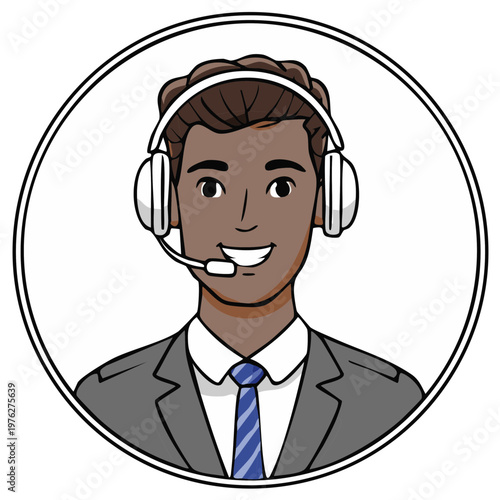 Friendly smiling man wearing headset and suit inside a circle illustration