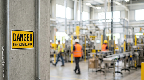 Wallpaper Mural Cautionary danger sign with high voltage warning in an industrial factory workplace. safety sign indicates potential hazard from electricity near heavy machinery Torontodigital.ca