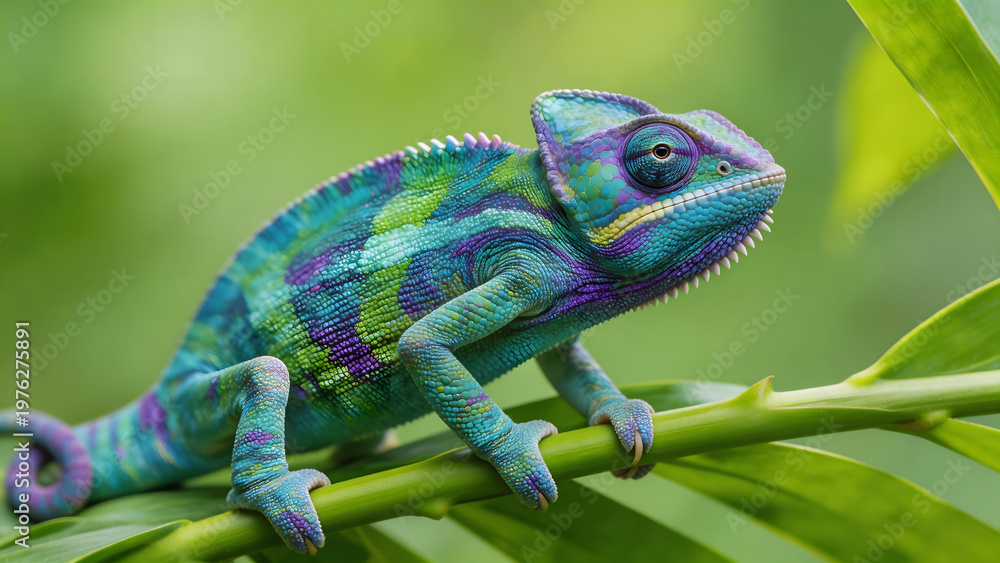 Fototapeta premium Colorful chameleon on green plant