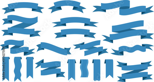 Blue Ribbon Set Featuring Different Shapes and Styles for Banner, Label, and Decoration Designs