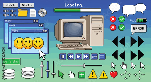 Retro pixel art computer interface elements, vintage 90s desktop operating system icons and windows, nostalgic pc gaming ui set with loading bar and old hardware vector isolated PNG with