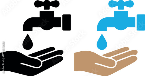 Comparison of clean and polluted water sources illustrated by faucets and hands