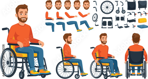 Bearded man in wheelchair character constructor with various poses, facial expressions, and wheelchair spare parts