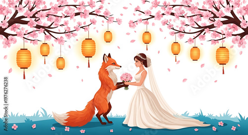 A whimsical illustration of a fox presenting flowers to a bride under blooming cherry blossoms