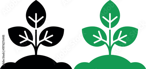 Contrast between a black and white plant icon and a green plant icon.