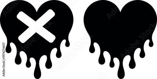 Contrast of broken and intact dripping hearts symbolizing love and loss.