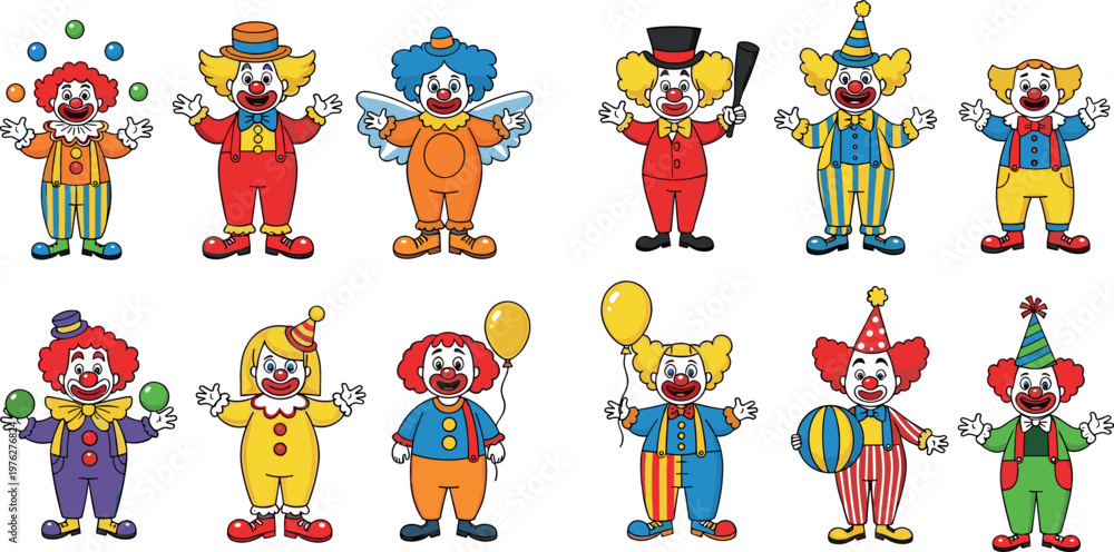 Fototapeta premium Cartoon Clown Character Set with Colorful Outfits, Props, and Fun Poses for Kids Entertainment, Circus Shows, and Party Decorations