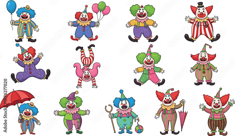 Fototapeta premium Cartoon Clown Character Set with Colorful Outfits, Balloons, Umbrella, and Fun Poses for Kids Party Decorations, Celebrations, and Circus Designs