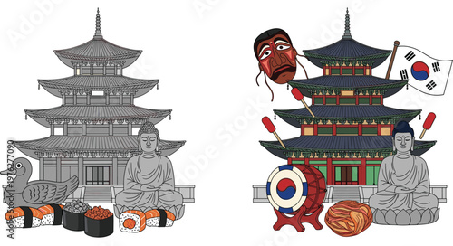 Korean Culture Clipart Set with Traditional Temple, Buddha Statue, Flag, Mask, Drum, and Korean Food Illustration Elements