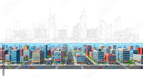 A vibrant cityscape illustration with a modern skyline and urban architecture in a colorful and stylized design