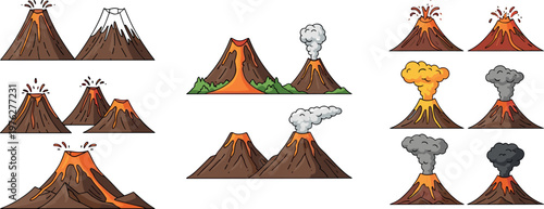 Cartoon Volcano Set with Erupting Lava, Smoke, and Ash for Natural Disaster and Environment Illustrations