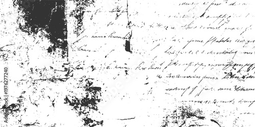 Grungy distressed black and white vintage handwritten document texture with ink splatters and smudges