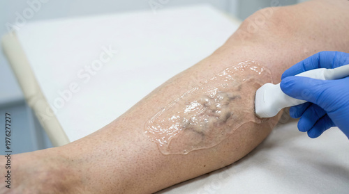 Doctor examining patient leg with varicose vein using an ultrasound scanner. serious medical phlebologist performing diagnostic doppler test for venous insufficiency