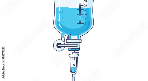 An intravenous IV drip bag filled with blue liquid on a medical stand