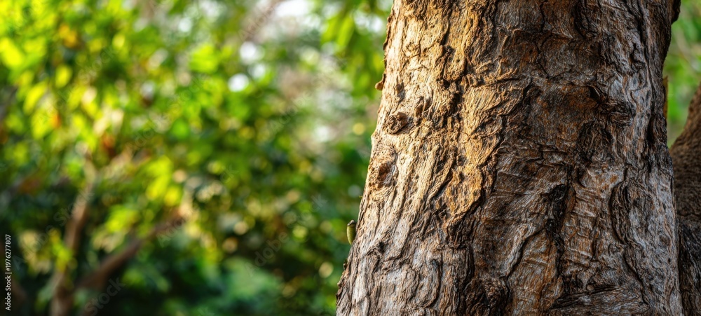 Fototapeta premium The Tree Trunk in Sunlit Forest with Textured Bark and Blurred Green Background