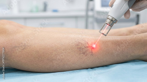 Focused dermatology cosmetic treatment for spider vein removal on patient leg. This laser therapy procedure in clinic provides hope for clearer skin and improved appearance