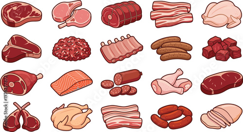 Large collection of various raw meat types including beef steak, chicken, fish, sausages, and bacon flat vector