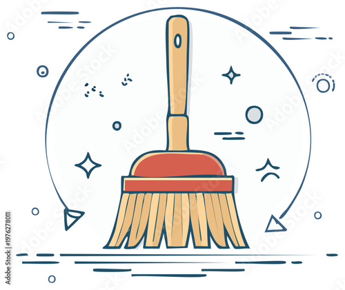 Illustration of a Broom with a Decorative Circle and Doodle Elements