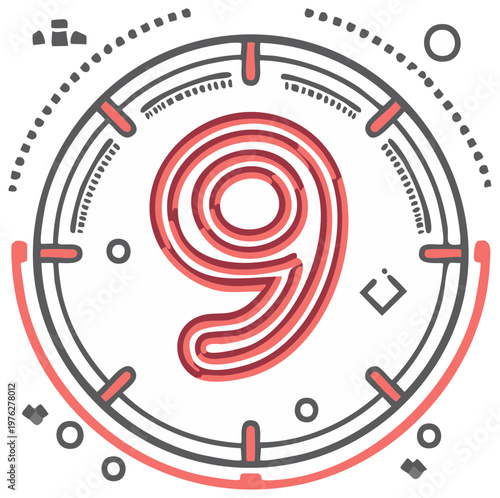 Number nine inside a circular design with dotted line detail