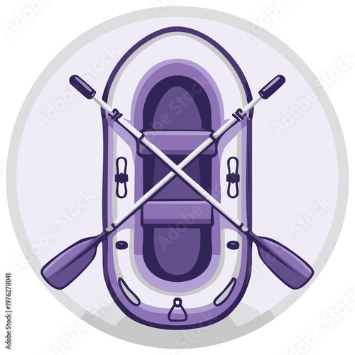 Illustrated purple inflatable raft with paddles on a light purple background