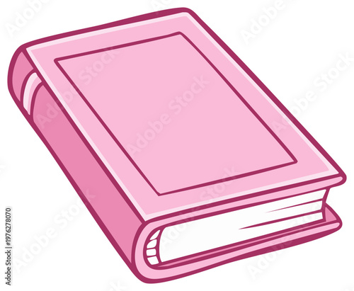 A simple cartoon illustration of a closed pink book with a dark pink border, viewed from an angle.