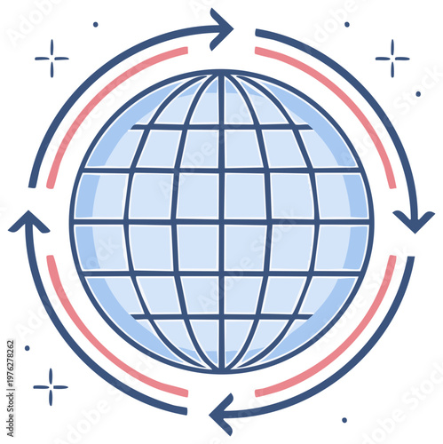 Globe with rotating arrows representing global communication and connections, illustration