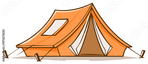 A bright orange cartoon tent with a large open entrance and a window provides shelter for outdoor adventures