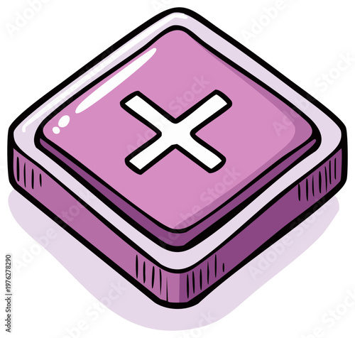 Isometric Style Purple Square Button with a White Cross Icon for Interfaces